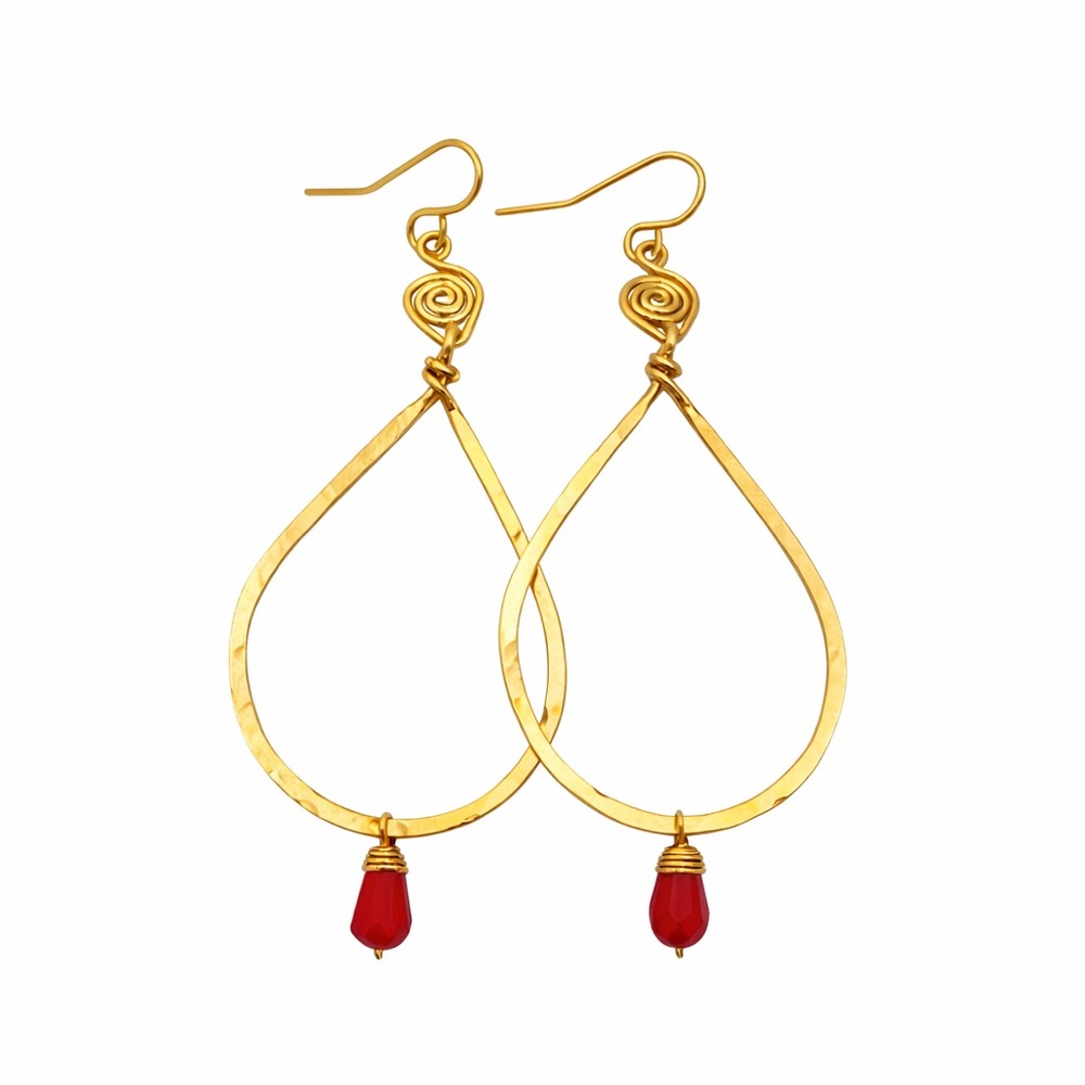 #15 Gold Hand Hammered Teardrop Dangle Earrings with Red Crystal Beads